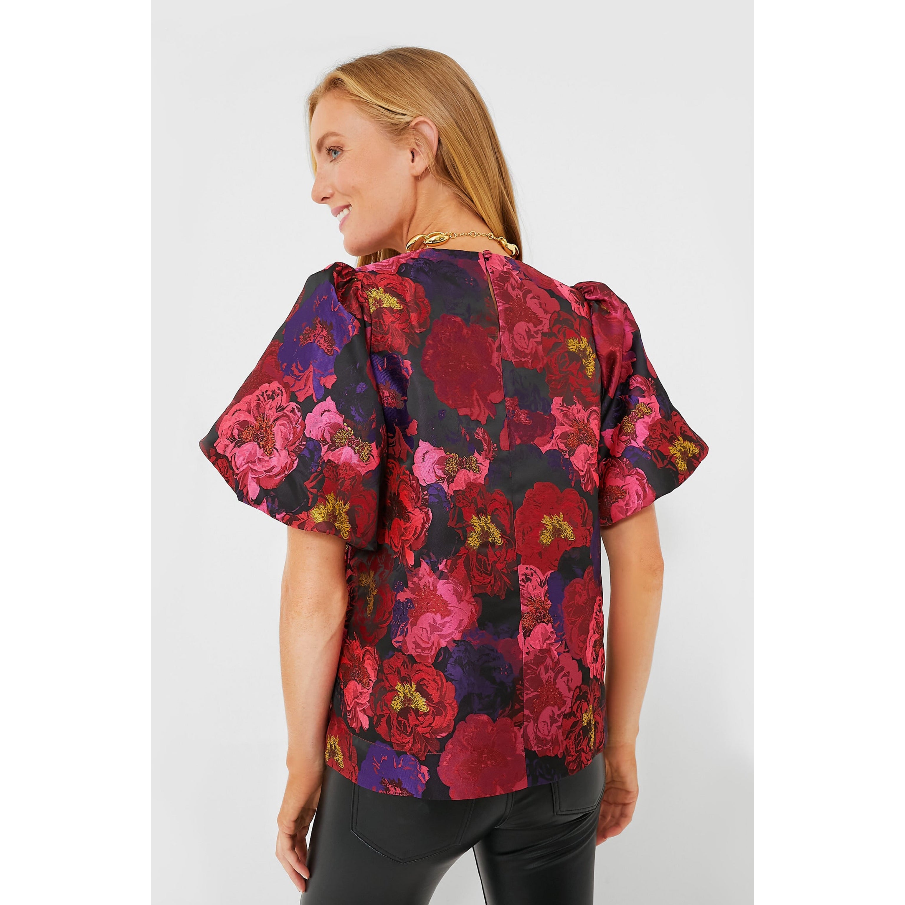 Pomander Place red camellia jacquard Lyla blouse, size M