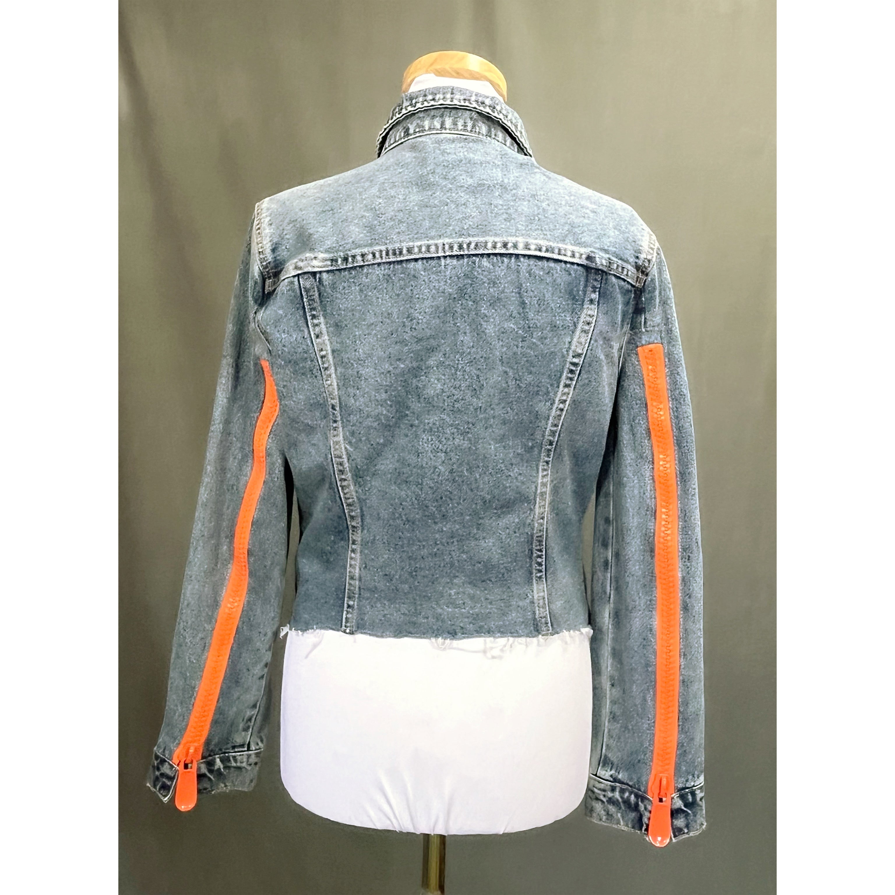 BlankNYC denim jacket with orange zippers, size S