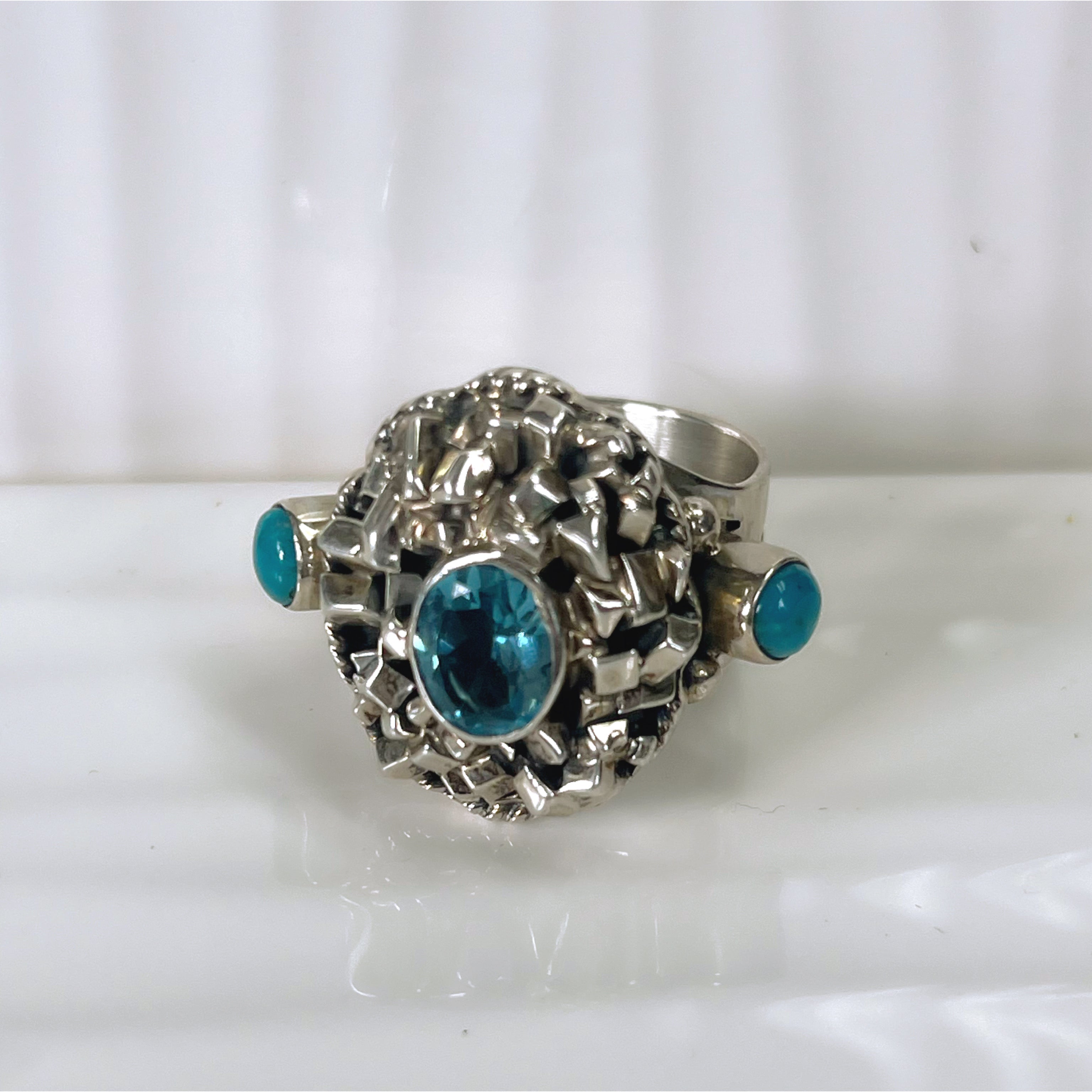 Happy Piasso sterling, aquamarine, and turquoise Navajo ring