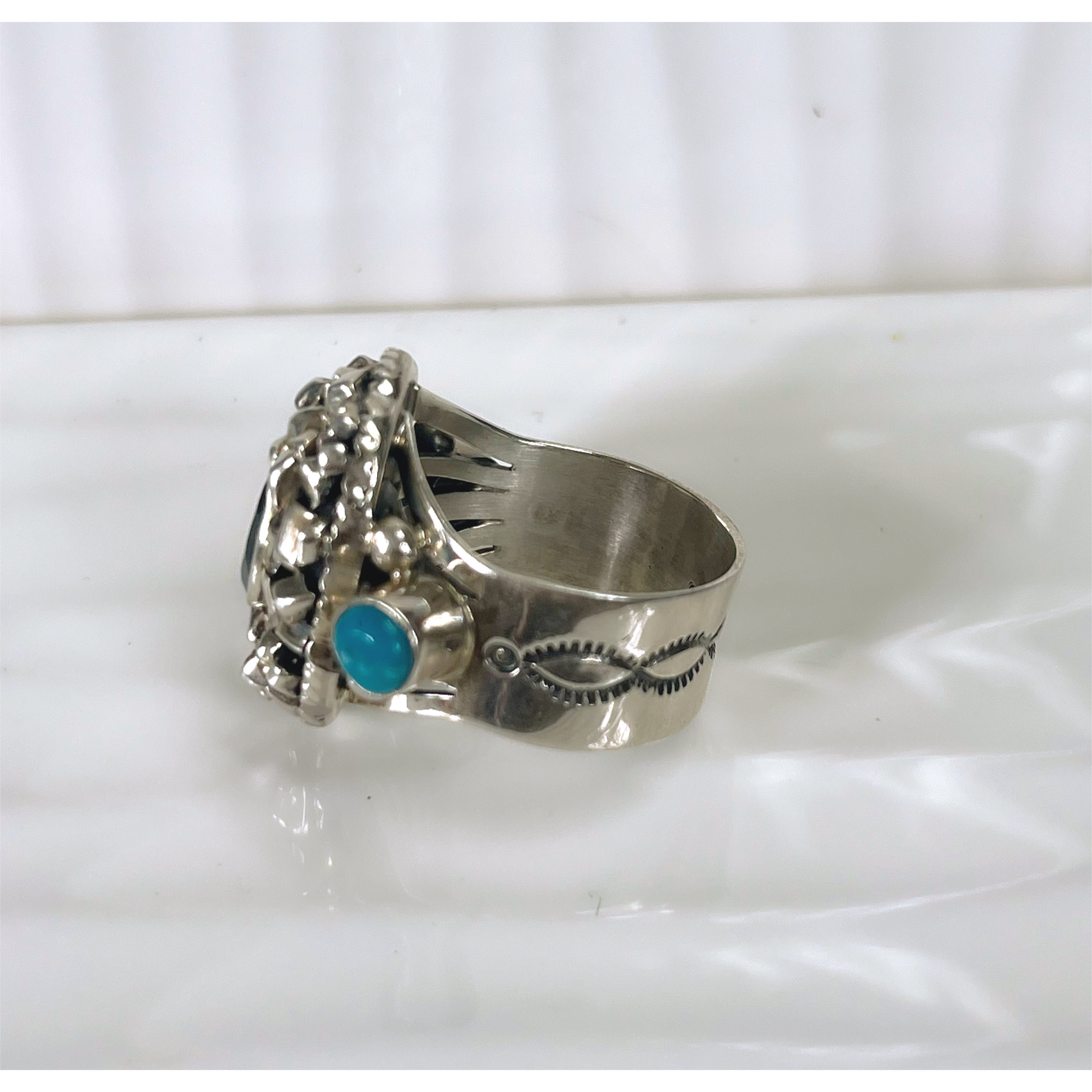 Happy Piasso sterling, aquamarine, and turquoise Navajo ring