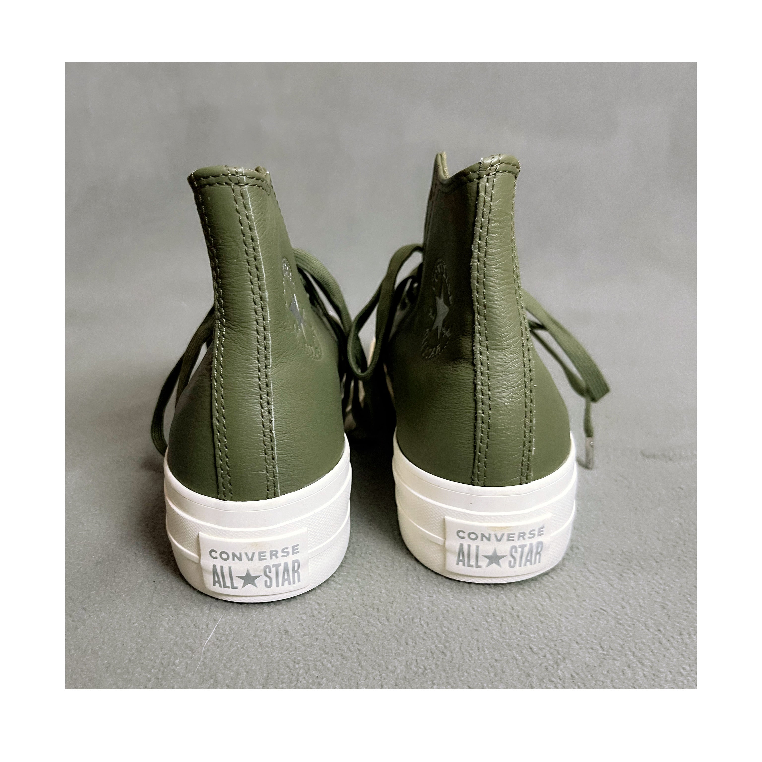 Converse olive leather hi-tops, size 8, NEW IN BOX!