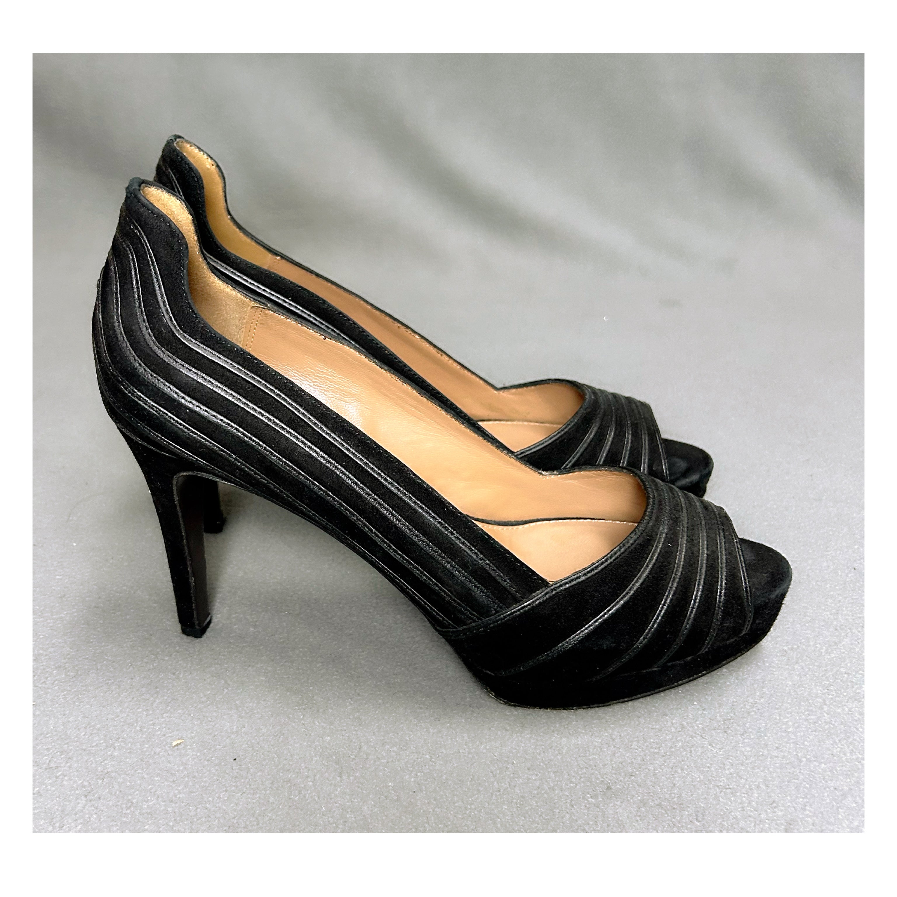 Elie Tahari black suede peep-toe platforms, size 9.5