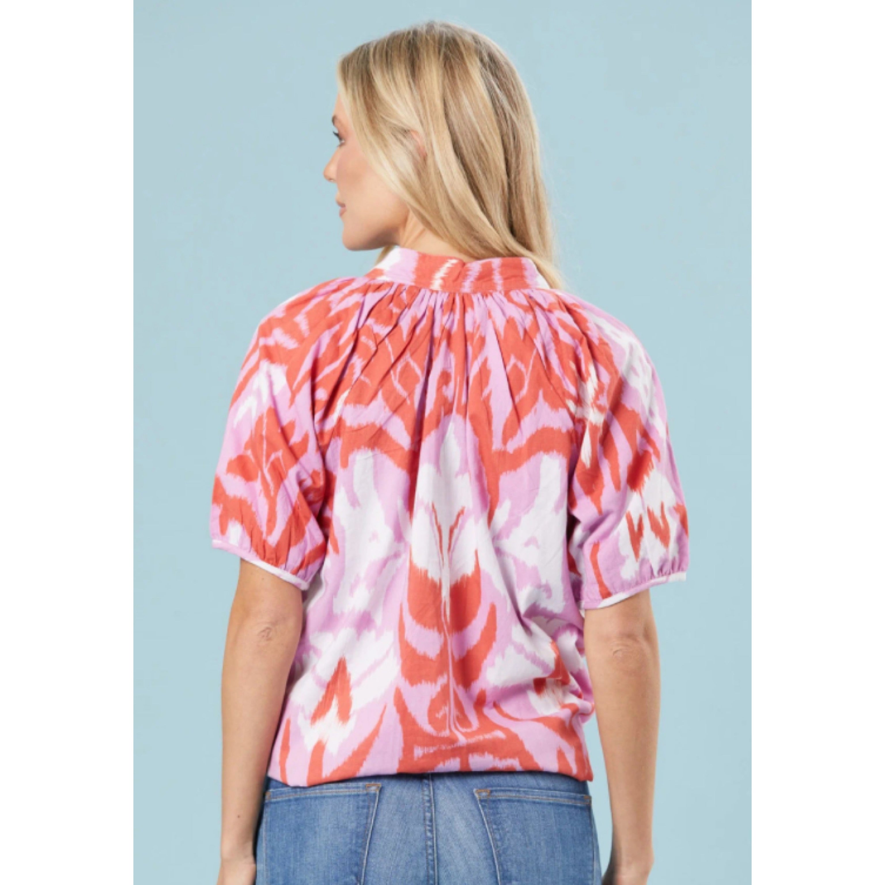 Sheridan French coral and lavender ikat blouse, size S