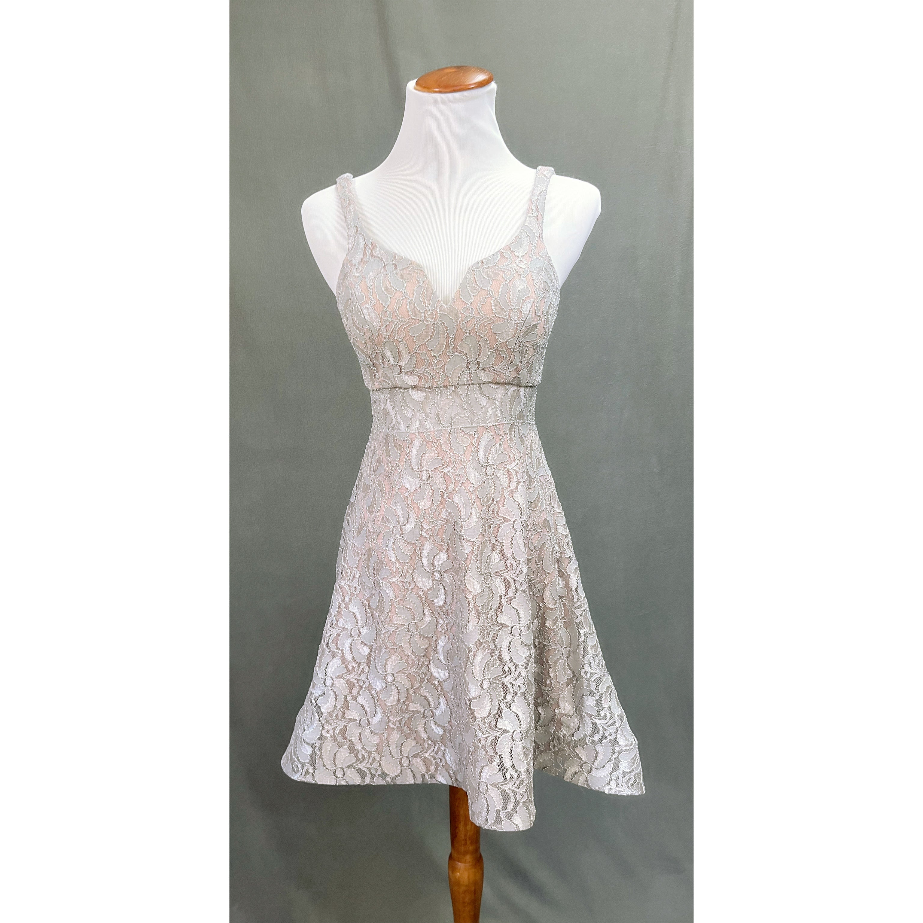 Sequin Hearts silver lace dress, size 1