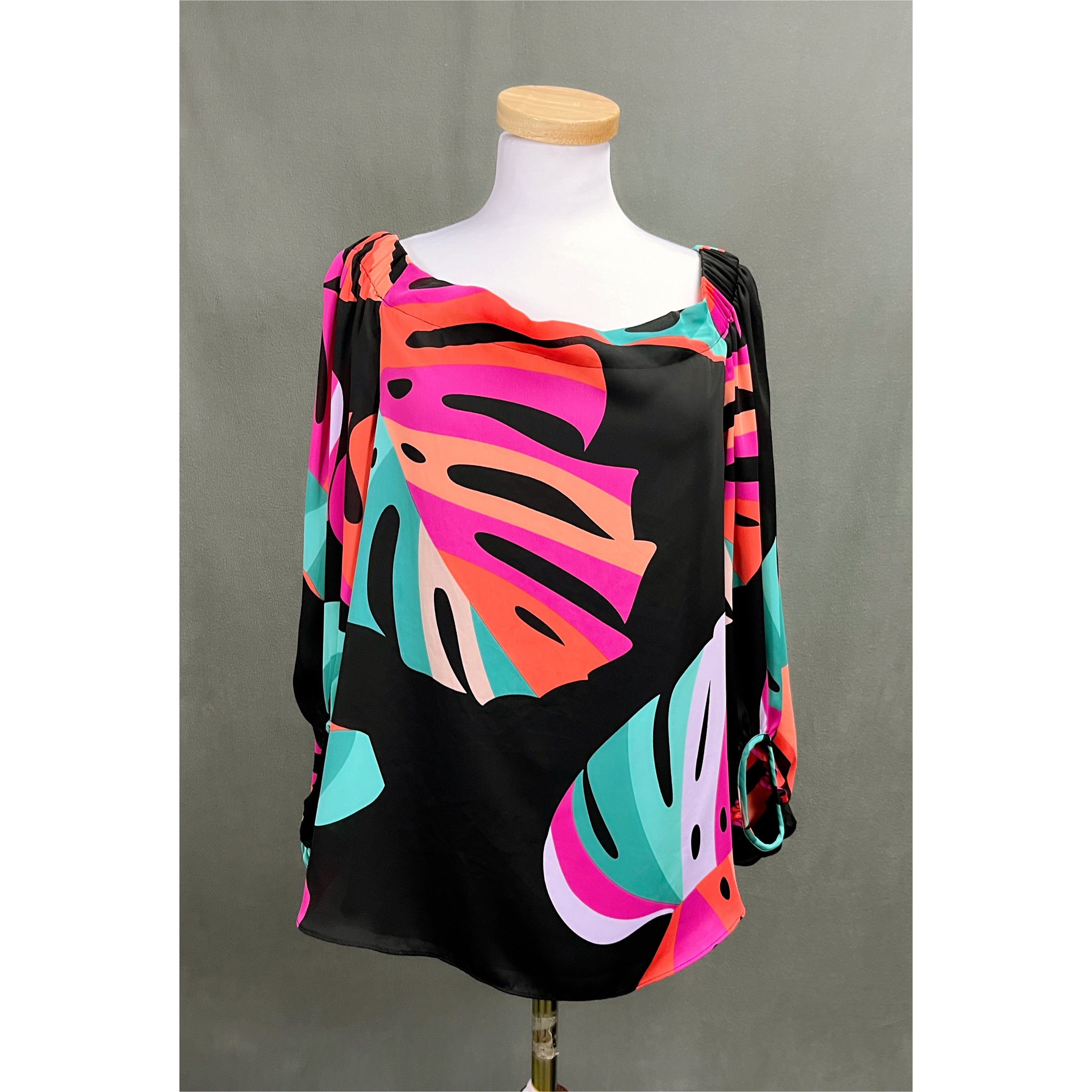 Trina Turk black print blouse, size L, NEW WITH TAGS!