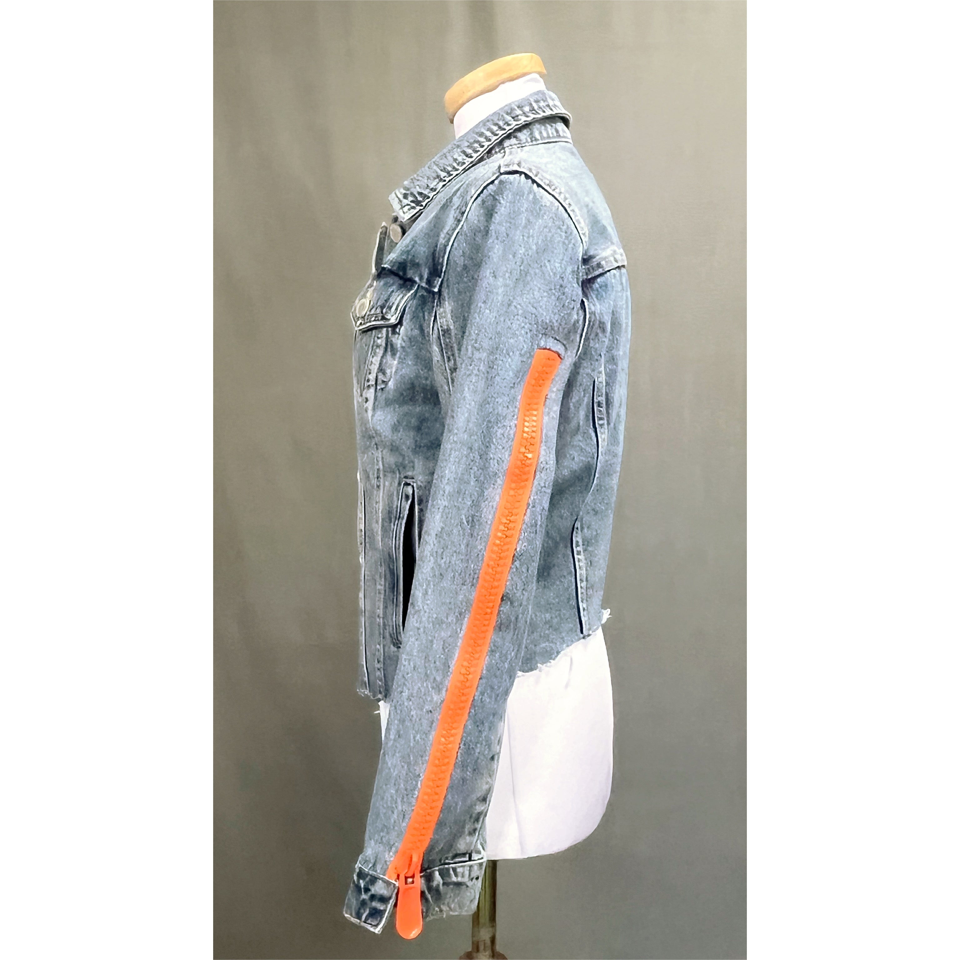 BlankNYC denim jacket with orange zippers, size S