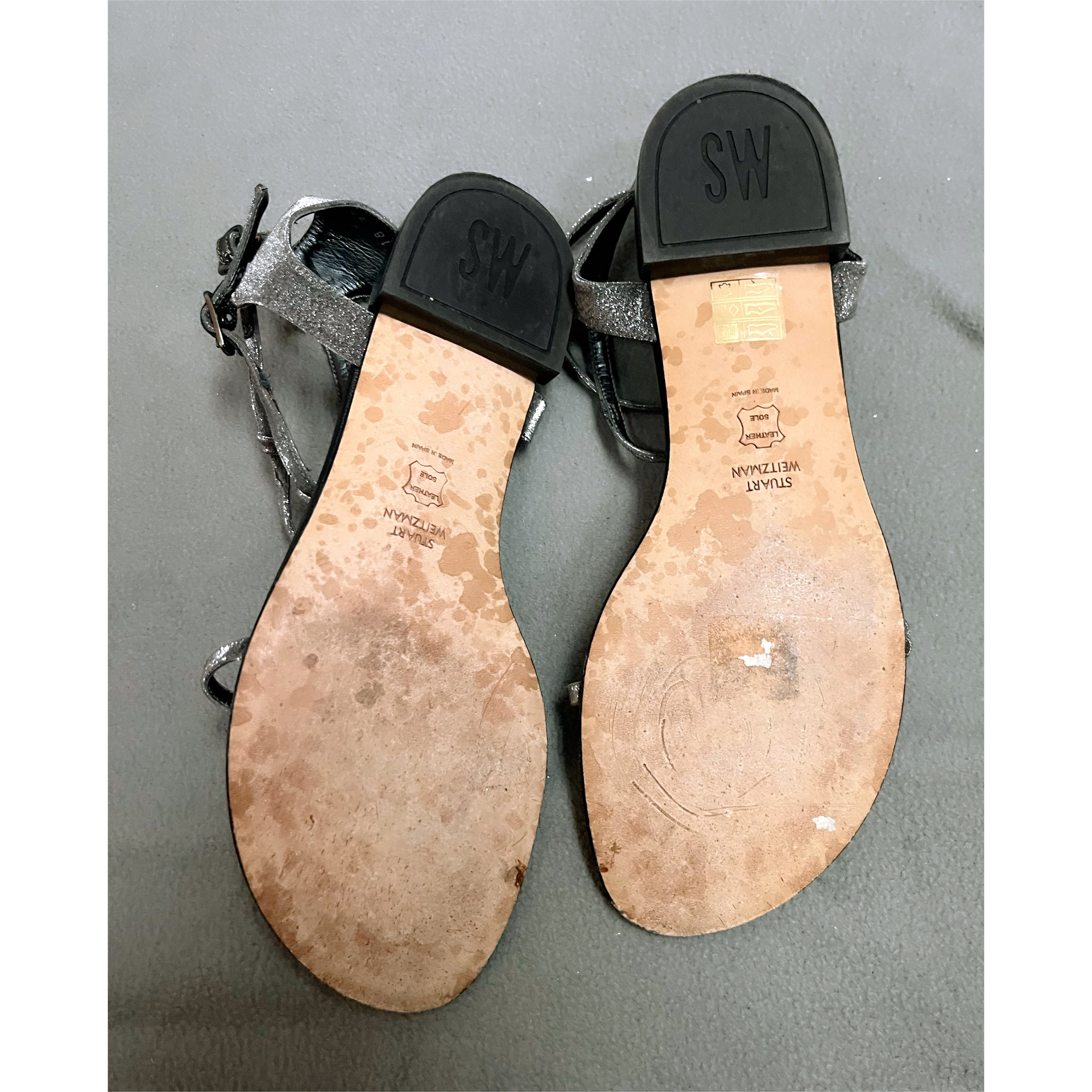 Stuart Weitzman metallic pewter sandals, size 9