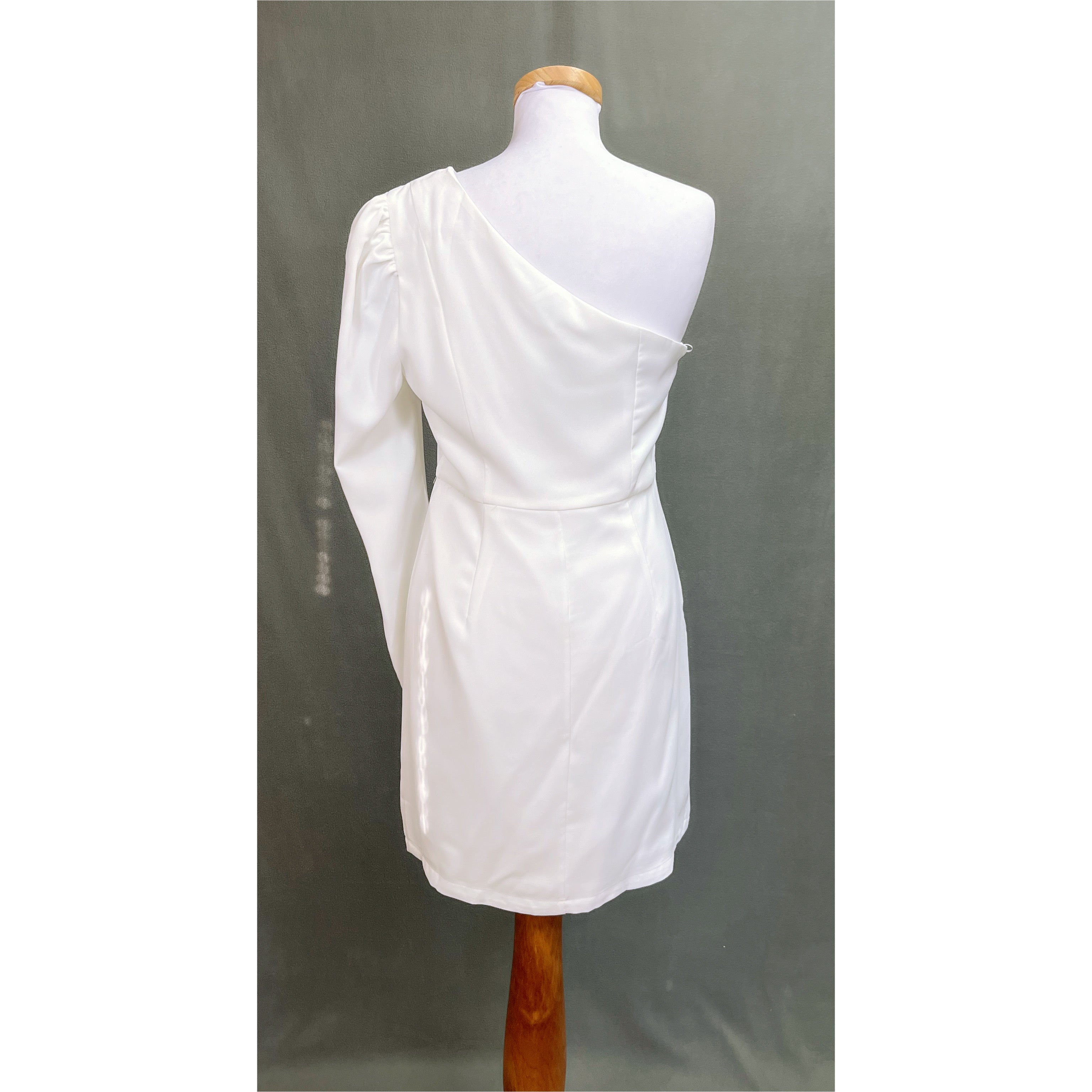 TCEC white one-sleeve dress, sizes M & L, NEW WITH TAGS!