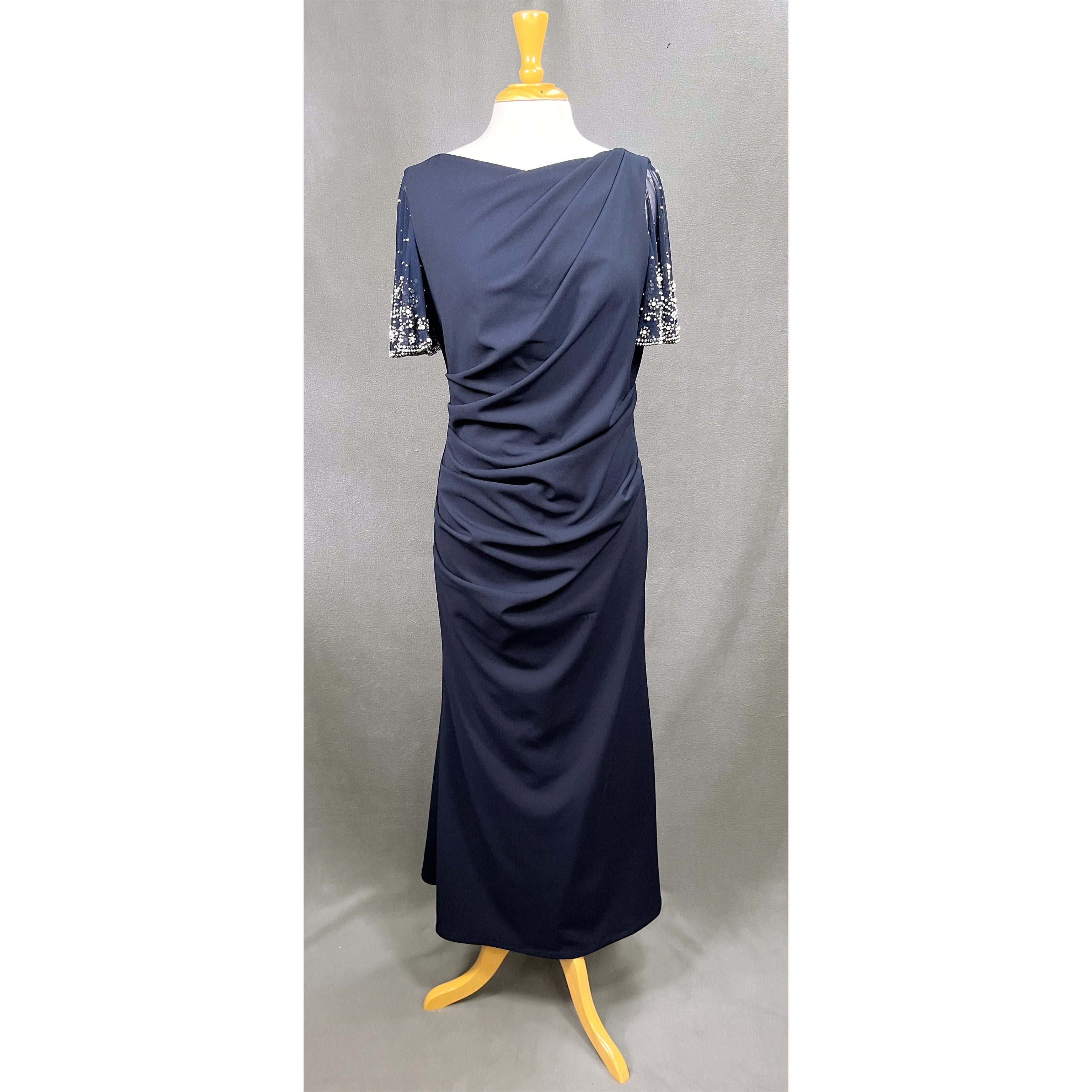 Betsy & Adam navy dress with beaded sleeves, size 12P