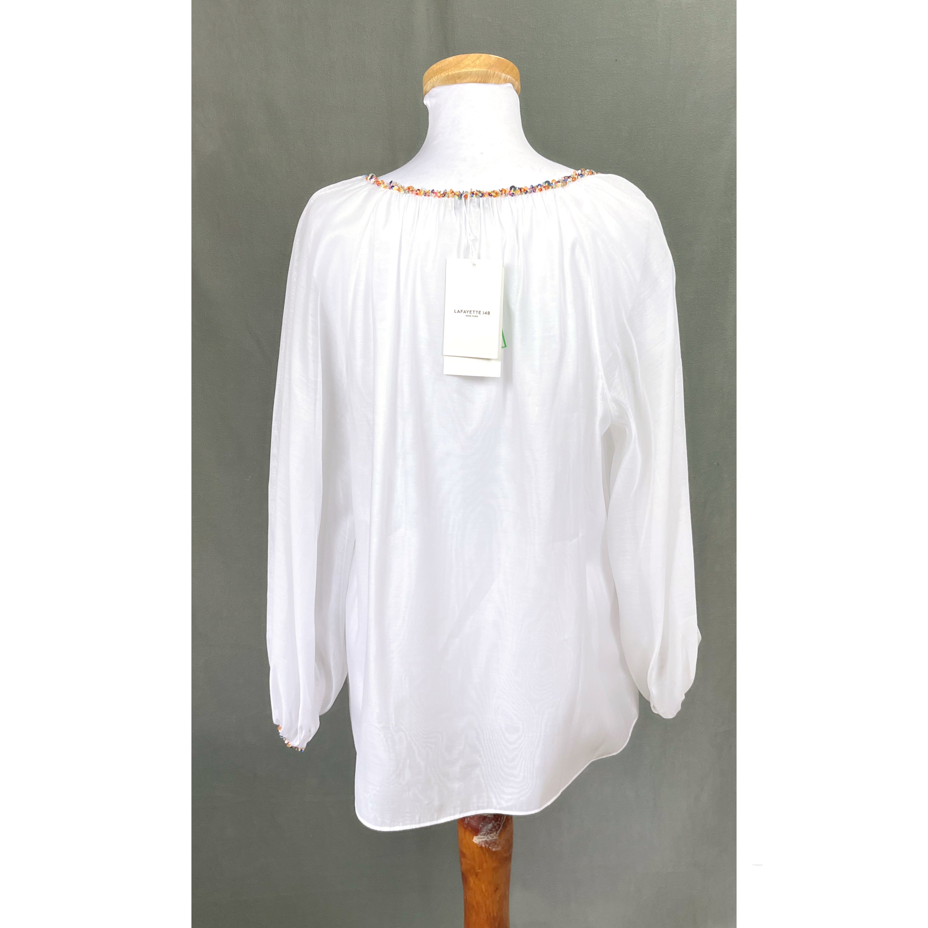 Lafeyette 148 white beaded edge blouse, size L, NEW WITH TAGS!